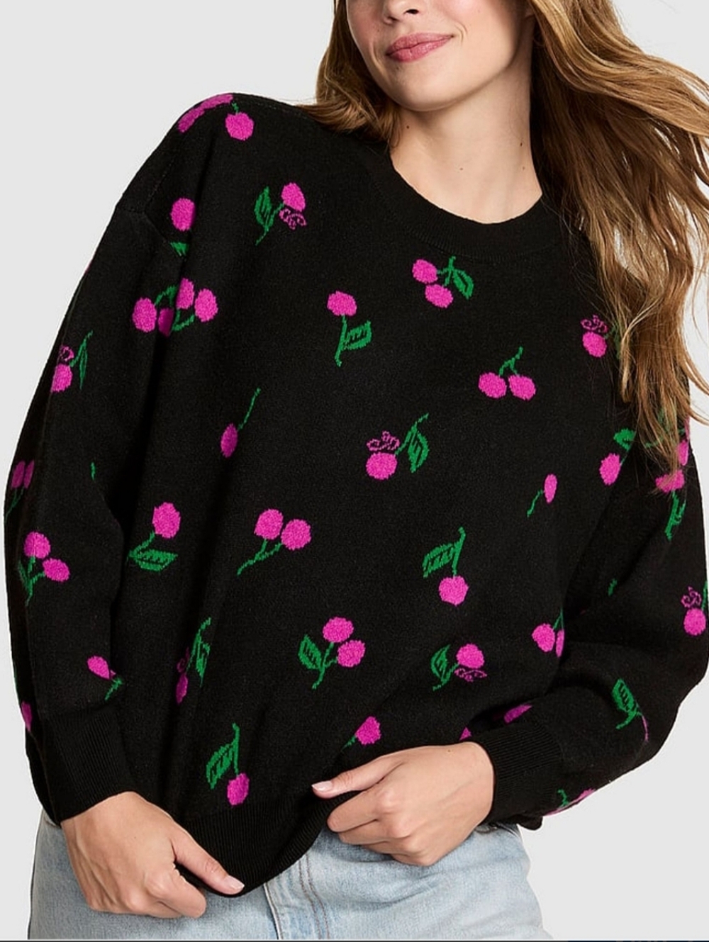 Victoria's Secret Black Crewneck Sweater with Pink Cherry Motif